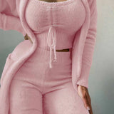 Pink oversized hooded cardigan and drawstring crop top set for women in size 3XL, featuring a cozy knit fabric and fashionable design.