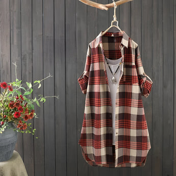 Women's Cozy Plaid Linen Dress in autumn vintage style, displayed on a clothes hanger against a neutral background, featuring a tartan pattern with long sleeves and a midi length.