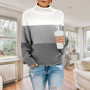 Women's Cozy Two-Tone Mock-Neck Chunky Knit Sweater - Grey & White