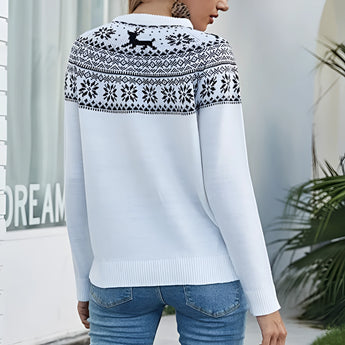 Women's white winter sweater featuring a reindeer and snowflake knit design, with long sleeves and a cozy fit.