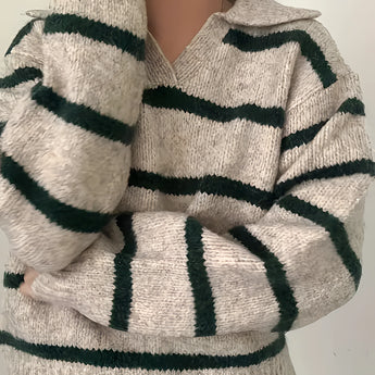 Cream and burgundy striped puff sleeve sweater for women, featuring a round neckline and designed for autumn wear.