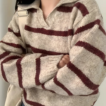 Cream and burgundy striped puff sleeve sweater for women in chestnut brown, featuring a cozy knit design, round neckline, and long sleeves, ideal for autumn wear.