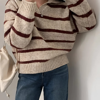 Women's cream and burgundy striped puff sleeve sweater, featuring an autumn knitwear design.