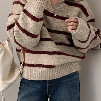 Women's cream and burgundy striped puff sleeve sweater, featuring a stylish autumn knitwear design with a round neck and comfortable fit on the shoulders and arms.