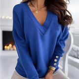Women's blue deep V-neck sweater in size XXL featuring button cuffs, suitable for both office and casual wear.