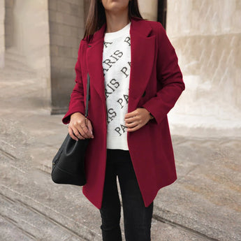 Women's chic urban style double-breasted long red winter coat featuring a tailored fit with a stylish collar and full-length sleeves, perfect for staying warm and fashionable.