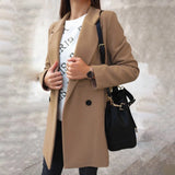 Women's khaki double-breasted long winter coat in 5XL, showcasing chic urban style with a tailored fit, featuring lapel collar, button detailing, and long sleeves.