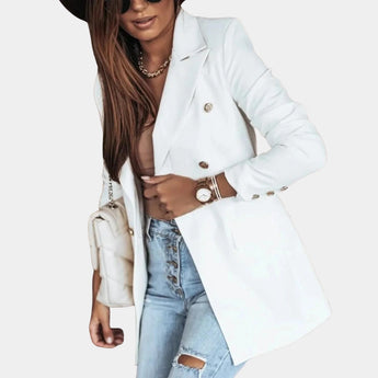 Women's double-breasted white blazer in a chic longline style, shown in the "Wit" color variant and size 3XL, featuring a tailored fit with a classic collar, full-length sleeves, and worn over a dress shirt.