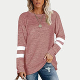 
A women's dusty rose casual sweater with striped sleeves and a crew neck, shown in pink color, size 2XL.