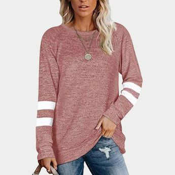 
A women's dusty rose casual sweater with striped sleeves and a crew neck, shown in pink color, size 2XL.