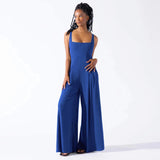 
A chic and sophisticated women's elegant black formal wide-leg sleeveless jumpsuit displayed on a mannequin, highlighting the sleek shoulder design and wide-leg cut, perfect for formal occasions.