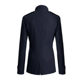 Women's elegant camel wool blend coat with a slim fit blazer design, featuring a structured collar, long sleeves, and button closures.