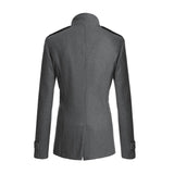 Women's elegant camel wool blend coat in a slim fit design with a blazer style. The coat features a structured collar, full-length sleeves, and a sophisticated grey hue.