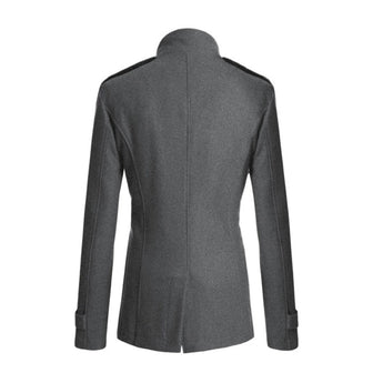 Women's elegant camel wool blend coat in a slim fit design with a blazer style. The coat features a structured collar, full-length sleeves, and a sophisticated grey hue.