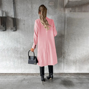 Elegant light pink mid-length spring coat for women featuring a stylish collar and sleeves.