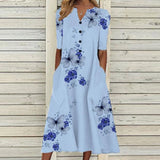 
A women's elegant midi dress featuring a purple butterfly and floral design, crafted from linen. The dress has a blue color variant in size 5XL, with a flattering waistline and a one-piece garment structure, ideal for daytime wear.