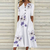 Elegant purple butterfly floral midi linen dress for women, featuring a white background with detailed floral and butterfly patterns, designed with a round neck and short sleeves, available in size 5XL.