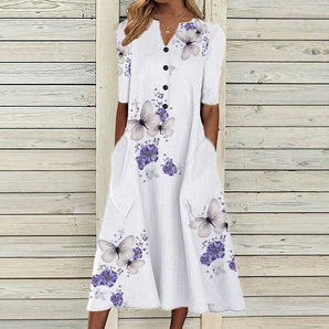 Elegant purple butterfly floral midi linen dress for women, featuring a white background with detailed floral and butterfly patterns, designed with a round neck and short sleeves, available in size 5XL.