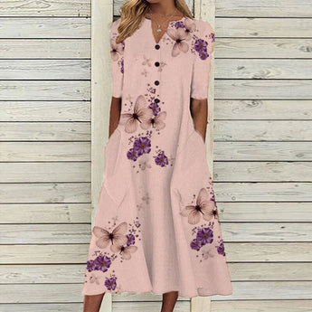 Elegant purple midi linen dress with butterfly and floral patterns, featuring a rose color option in size 5XL. The dress has a one-piece design with a round neckline and short sleeves.