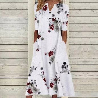 Elegant purple midi linen dress with a butterfly floral pattern featuring white flowers, shown in size 5XL. The dress has a classic day dress style with a fitted waist, short sleeves, and a modest collar.