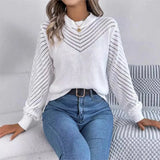 
A stylish women's elegant white V-neck knit sweater featuring distinctive lantern sleeves, displayed in an XL size.
