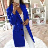 
A sophisticated blue wool coat for women in size 3XL, featuring a tailored fit with a button-front design, long sleeves, and a classic collar, suitable for business attire.