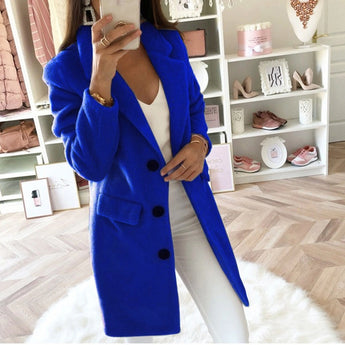 
A sophisticated blue wool coat for women in size 3XL, featuring a tailored fit with a button-front design, long sleeves, and a classic collar, suitable for business attire.