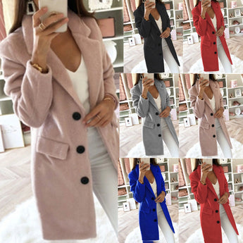 Women's elegant wool coat with a tailored fit, featuring a button front design suitable for business wear. The coat is showcased in a classic style with a focus on the shoulder, neck, and sleeve details, highlighting its fashionable and sophisticated outerwear appeal.
