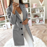 Women's elegant gray wool coat with tailored fit, featuring a button front design, long sleeves, and a classic collar, suitable for business wear in size 3XL.