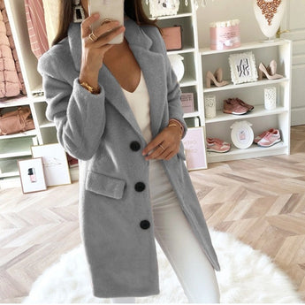 Women's elegant gray wool coat with tailored fit, featuring a button front design, long sleeves, and a classic collar, suitable for business wear in size 3XL.