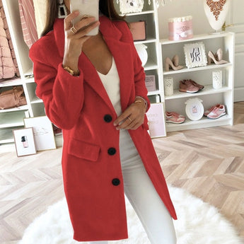 Women's elegant red wool coat in size 3XL, featuring a tailored design with a button front and a structured collar, suitable for business attire.