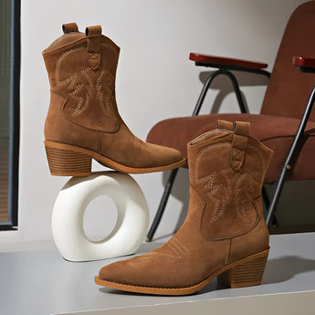 
A pair of brown women's embroidered leather cowboy boots, designed in chic western style, shown in size 40.