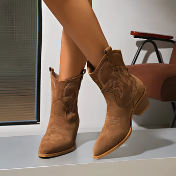 Women's embroidered leather cowboy boots with chic western style detailing, featuring intricate designs and a knee-high cut.