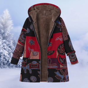 Women's long hooded winter coat with ethnic tribal patterns, fleece-lined for warmth, featuring a magenta color and long sleeves.