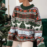 
A cozy blue and white knit Fair Isle Christmas sweater for women, featuring intricate patterns on the shoulders and sleeves, available in green color and XL size.