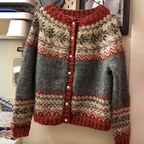 Women's Fair Isle Wool Cardigan in Chunky Knit with Nordic Pattern in Red and Gray on Clothes Hanger