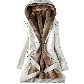 Women's black parka winter coat with faux fur lining and a hood, featuring long sleeves and a stylish design suitable for cold weather.