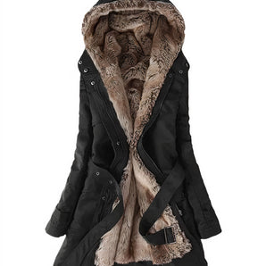 
A black women's faux fur lined parka with a hood, designed as a long winter coat, shown in XL size. The parka features a thick collar, long sleeves, and a cozy faux fur lining for warmth.