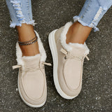 Women's faux fur lined brown corduroy winter loafers in beige, size 43, showcasing a warm, casual slip-on design against a white background.