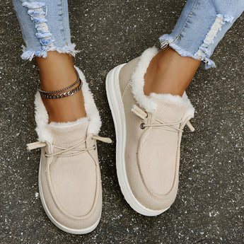 Women's faux fur lined brown corduroy winter loafers in beige, size 43, showcasing a warm, casual slip-on design against a white background.