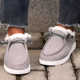 Women's gray faux fur lined winter loafers made of corduroy material, featuring a warm and cozy interior, slip-on design, suitable for casual wear.