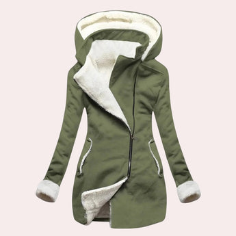 Light green, fleece-lined asymmetrical thermal hooded coat for women in size 2XL, featuring long sleeves and a stylish collar design.