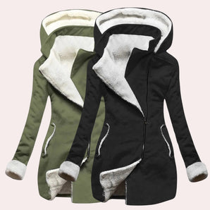 
Woman wearing a women's fleece-lined asymmetrical thermal hooded coat with visible sleeves and a distinct collar, styled as outerwear.