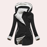 
A black, asymmetrical thermal hooded coat for women in size 2XL, featuring fleece lining for added warmth and comfort. The coat includes a unique collar design and long sleeves, ideal for cold weather outerwear.