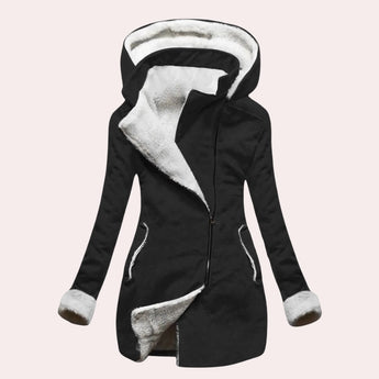 
A black, asymmetrical thermal hooded coat for women in size 2XL, featuring fleece lining for added warmth and comfort. The coat includes a unique collar design and long sleeves, ideal for cold weather outerwear.