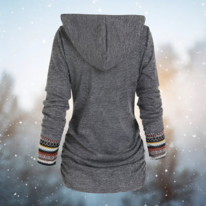 Women's slim fit winter hoodie with an ethnic pattern and fleece lining, featuring long sleeves and a grey color.