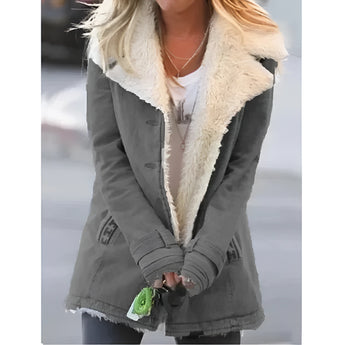 Women's gray fleece lined corduroy jacket in 5XL with a plush faux fur collar, featuring long sleeves and a stylish design.