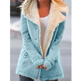 Women's pink corduroy jacket with fleece lining, featuring a faux fur collar and long sleeves.