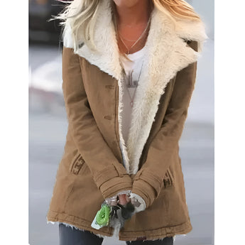 Women's khaki corduroy jacket in size 5XL, featuring a white faux fur collar, fleece lining, and long sleeves.