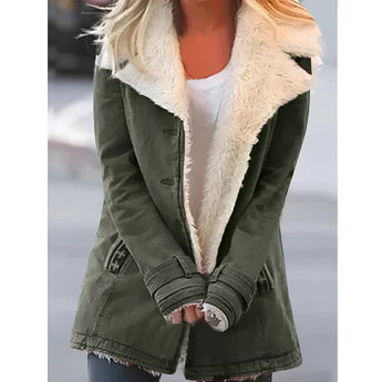 Women's olive green fleece-lined corduroy jacket in size 5XL, featuring a faux fur collar and long sleeves.